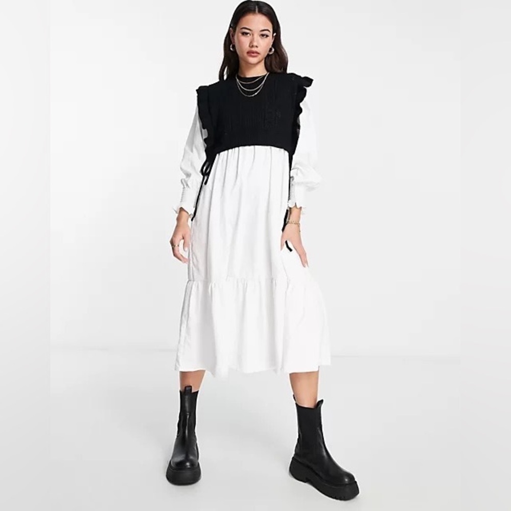 Urban Revivo Woven Midi Dress with Cropped Knit Vest